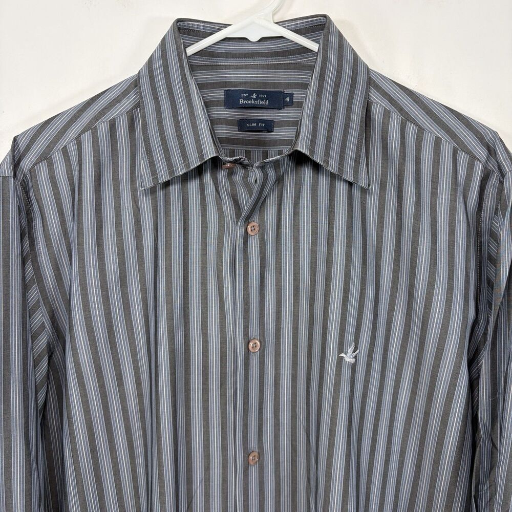 Brooksfield Slim Fit Button Up Shirt Mens Size 4 Large Blue Gray Striped Logo
